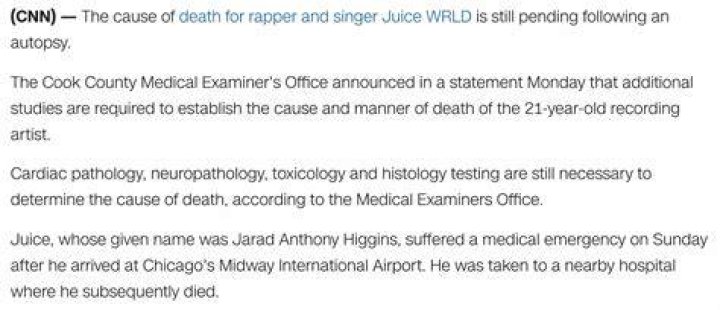 Juice WRLD death Autopsy inconclusive for Chicagoborn rapper's death